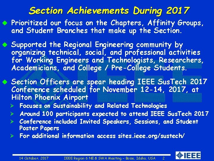 Section Achievements During 2017 u Prioritized our focus on the Chapters, Affinity Groups, and