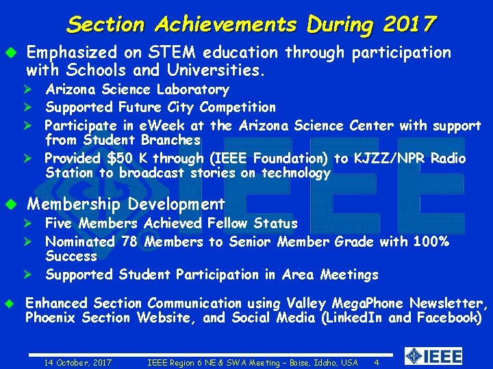 Section Achievements During 2017 u Emphasized on STEM education through participation with Schools and