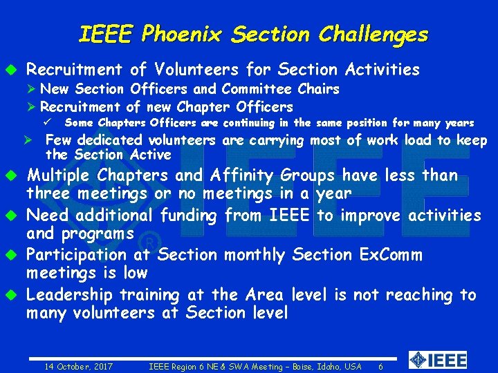 IEEE Phoenix Section Challenges u Recruitment of Volunteers for Section Activities Ø New Section