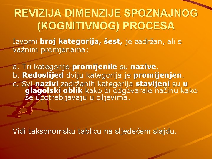 REVIZIJA DIMENZIJE SPOZNAJNOG (KOGNITIVNOG) PROCESA Izvorni broj kategorija, šest, je zadržan, ali s važnim