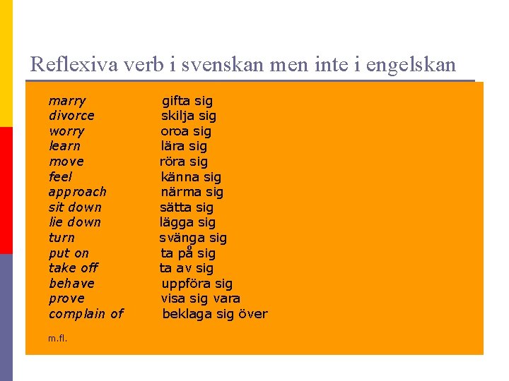 Reflexiva verb i svenskan men inte i engelskan marry divorce worry learn move feel