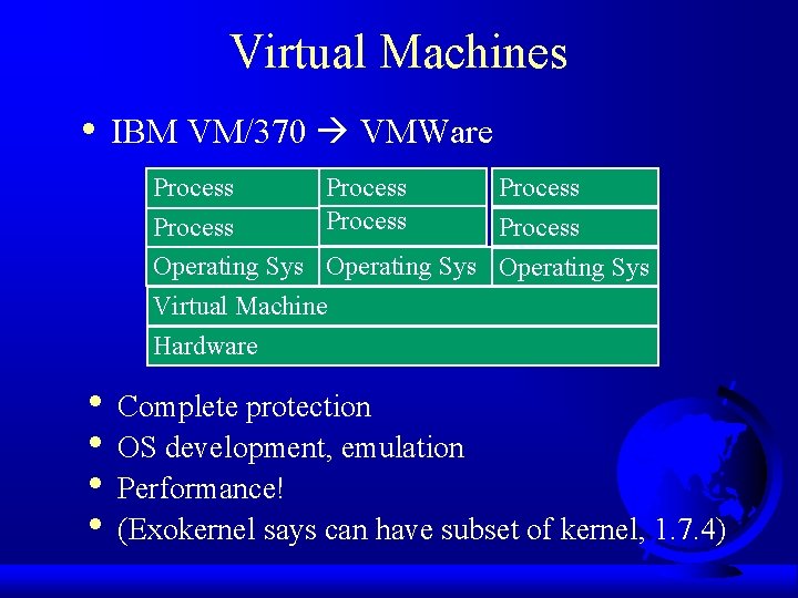Virtual Machines • IBM VM/370 VMWare Process Process Operating Sys Virtual Machine Hardware • Virtual Machines • IBM VM/370 VMWare Process Process Operating Sys Virtual Machine Hardware •