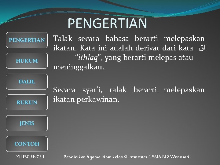 PENGERTIAN HUKUM DALIL RUKUN Talak secara bahasa berarti melepaskan ikatan. Kata ini adalah derivat