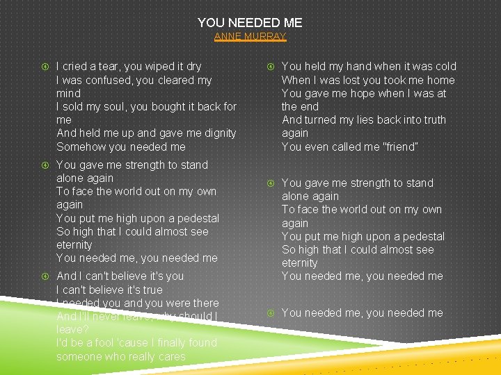 YOU NEEDED ME ANNE MURRAY I cried a tear, you wiped it dry I