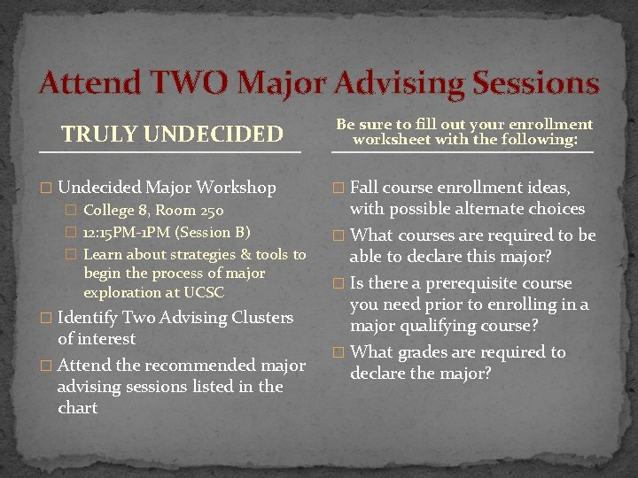 Attend TWO Major Advising Sessions TRULY UNDECIDED � Undecided Major Workshop � College 8,