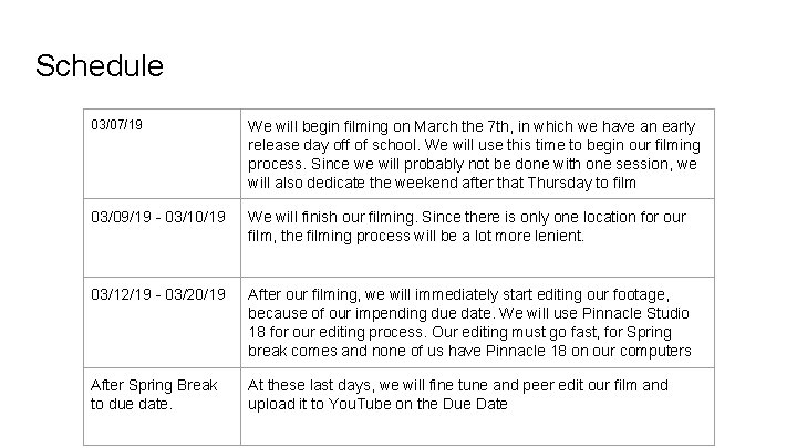 Schedule 03/07/19 We will begin filming on March the 7 th, in which we