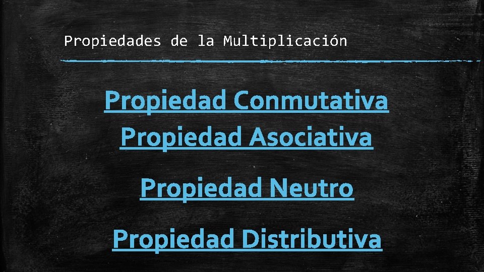 Propiedades de la Multiplicación Propiedad Conmutativa Propiedad Asociativa Propiedad Neutro Propiedad Distributiva 