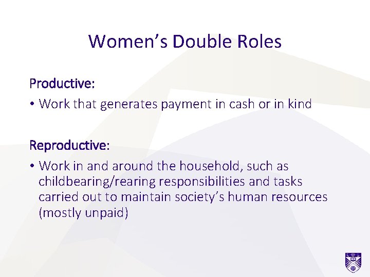 Women’s Double Roles Productive: • Work that generates payment in cash or in kind Women’s Double Roles Productive: • Work that generates payment in cash or in kind