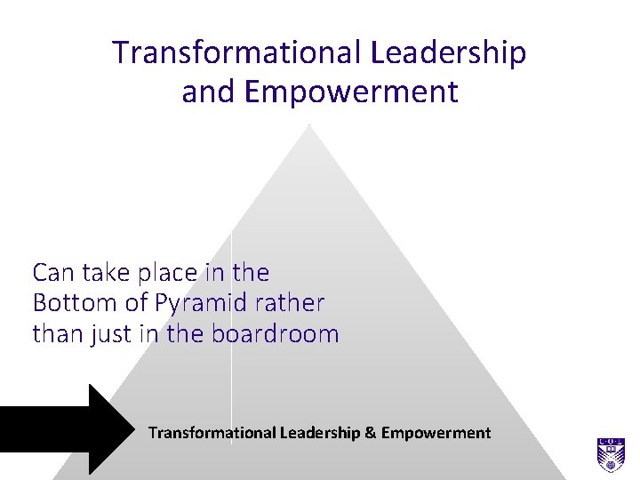 Transformational Leadership and Empowerment Can take place in the Bottom of Pyramid rather than Transformational Leadership and Empowerment Can take place in the Bottom of Pyramid rather than