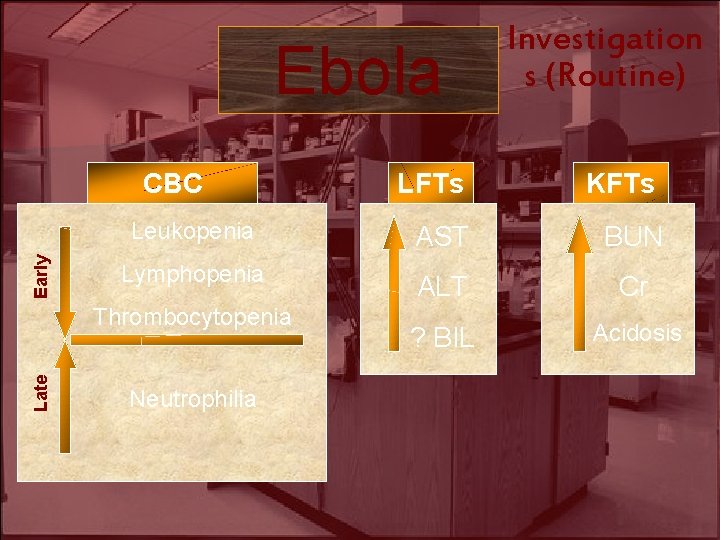 Ebola Early CBC LFTs KFTs Leukopenia AST BUN Lymphopenia ALT Cr ? BIL Acidosis