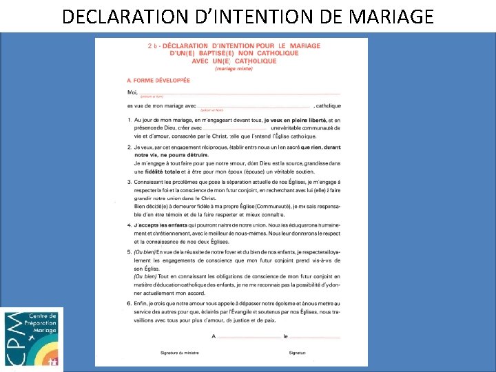 DECLARATION D’INTENTION DE MARIAGE 