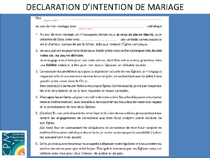 DECLARATION D’INTENTION DE MARIAGE 