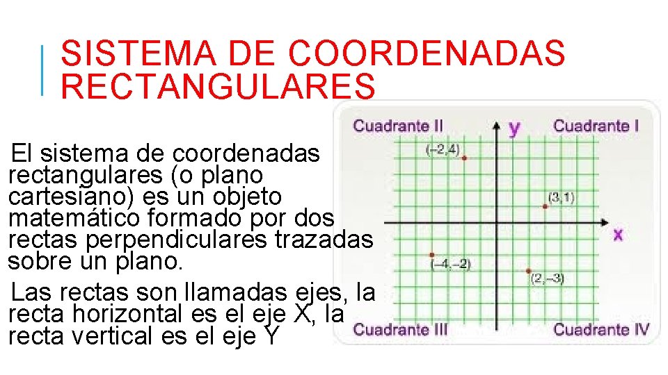 SISTEMA DE COORDENADAS RECTANGULARES El sistema de coordenadas rectangulares (o plano cartesiano) es un