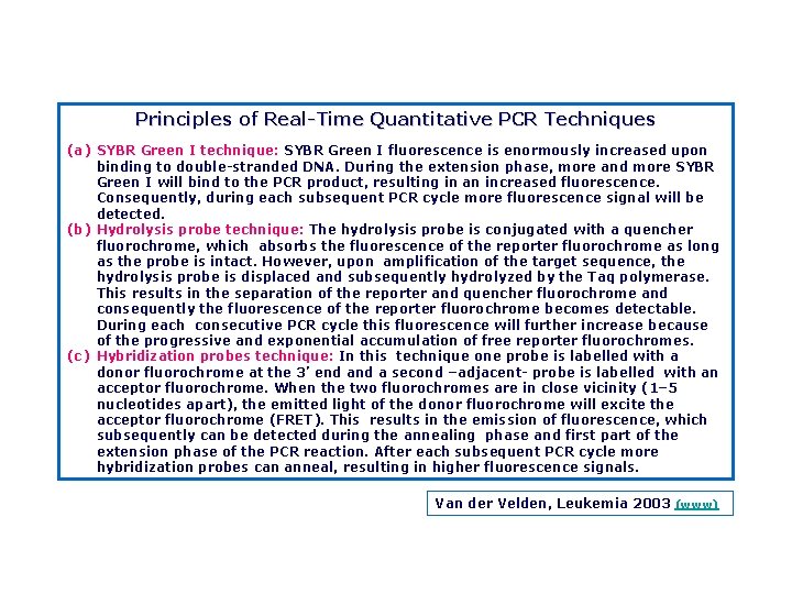 Principles of Real Time Quantitative PCR Techniques (a) SYBR Green I technique: SYBR Green