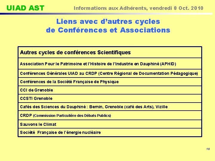 UIAD AST Informations aux Adhérents, vendredi 8 Oct. 2010 Liens avec d’autres cycles de