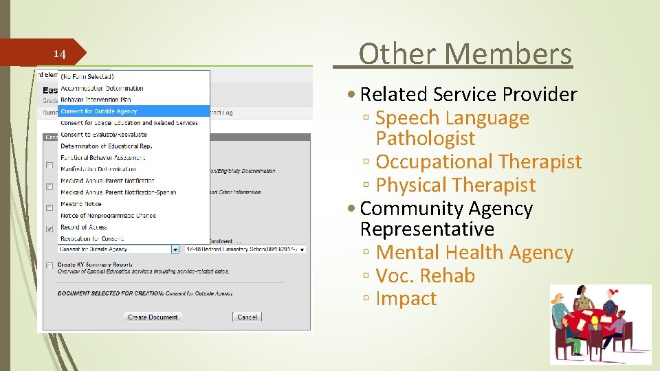 14 Other Members • Related Service Provider ▫ Speech Language Pathologist ▫ Occupational Therapist
