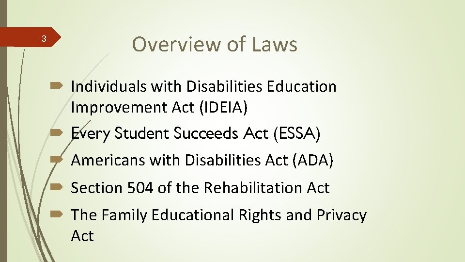 3 Overview of Laws Individuals with Disabilities Education Improvement Act (IDEIA) Every Student Succeeds