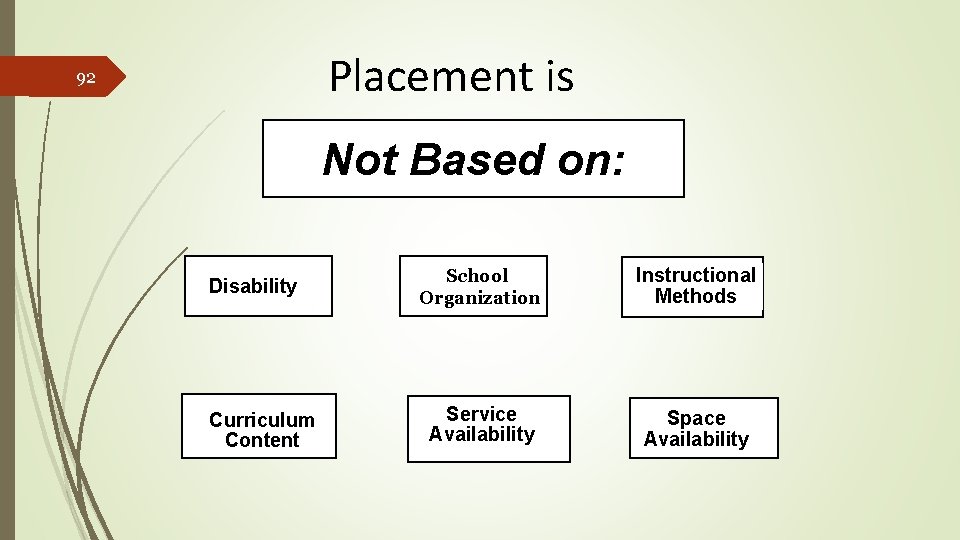 Placement is 92 Not Based on: Disability Curriculum Content School Organization Instructional Methods Service