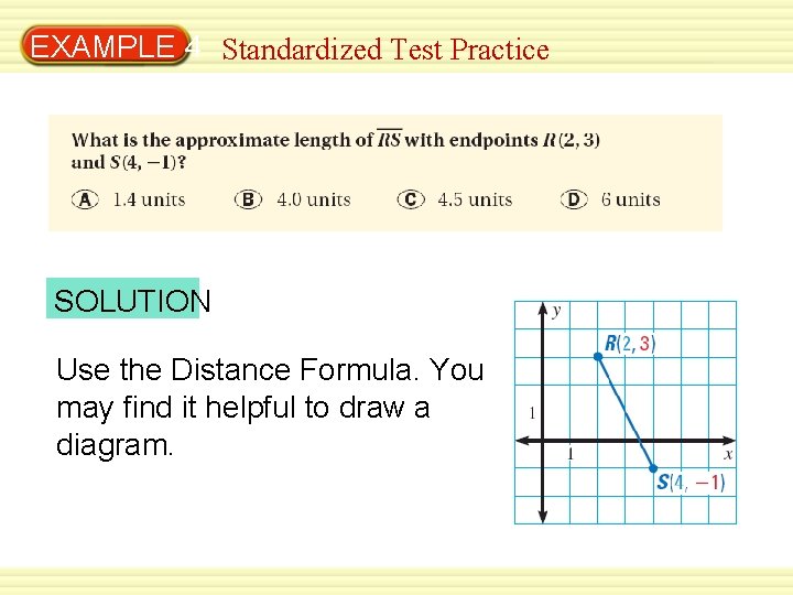 EXAMPLE 4 Standardized Test Practice SOLUTION Use the Distance Formula. You may find it EXAMPLE 4 Standardized Test Practice SOLUTION Use the Distance Formula. You may find it