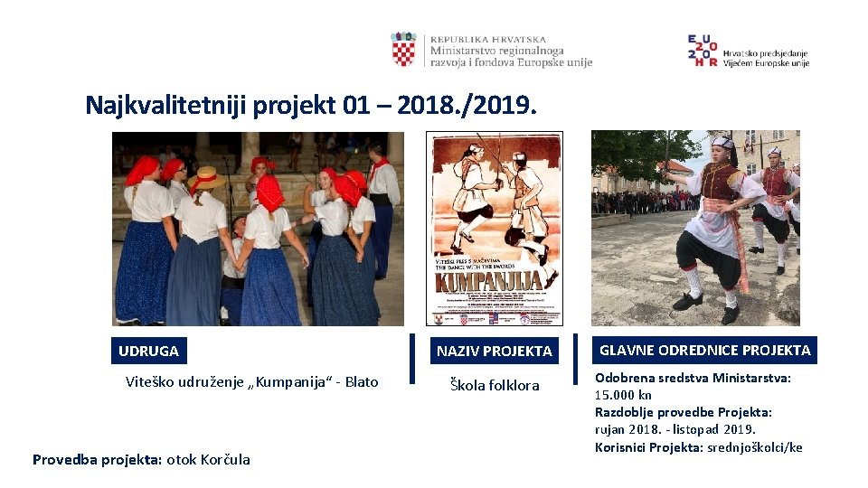 Najkvalitetniji projekt 01 – 2018. /2019. UDRUGA Viteško udruženje „Kumpanija“ - Blato Provedba projekta: