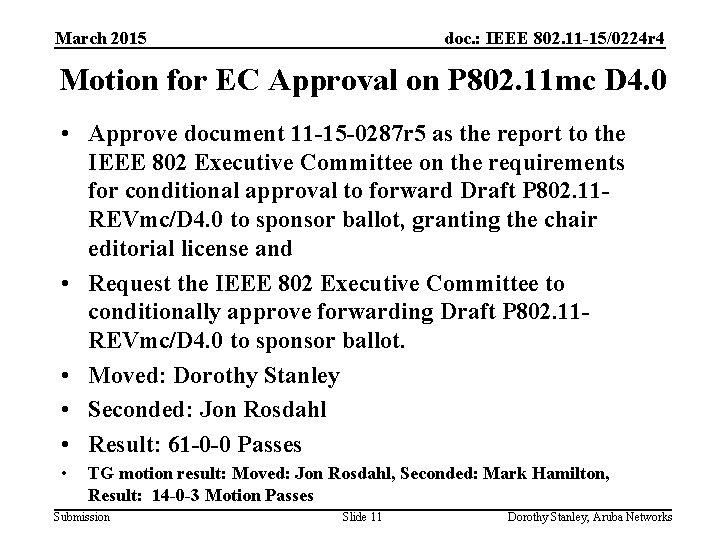 March 2015 doc. : IEEE 802. 11 -15/0224 r 4 Motion for EC Approval