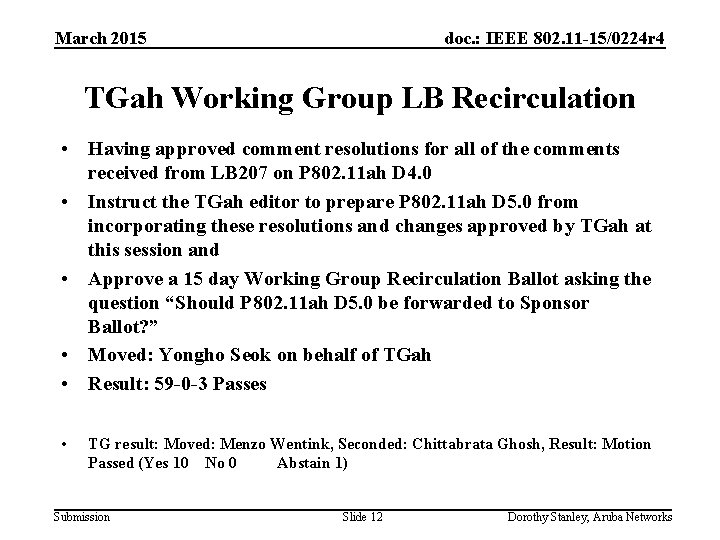 March 2015 doc. : IEEE 802. 11 -15/0224 r 4 TGah Working Group LB