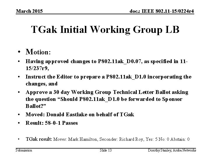 March 2015 doc. : IEEE 802. 11 -15/0224 r 4 TGak Initial Working Group