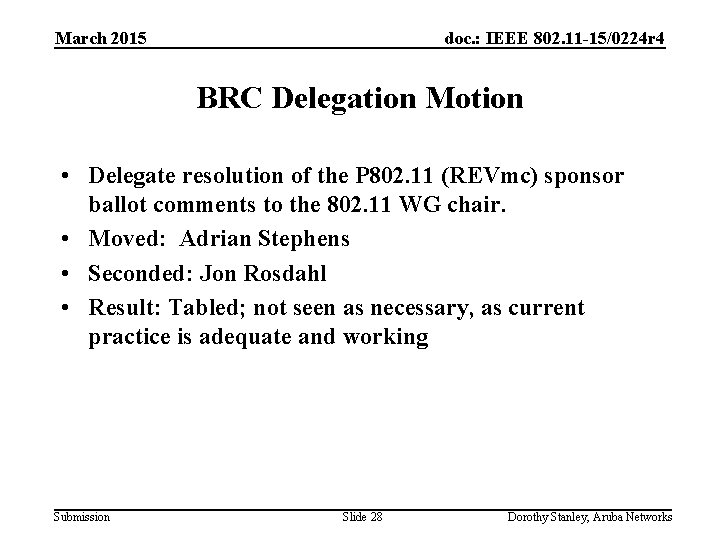 March 2015 doc. : IEEE 802. 11 -15/0224 r 4 BRC Delegation Motion •
