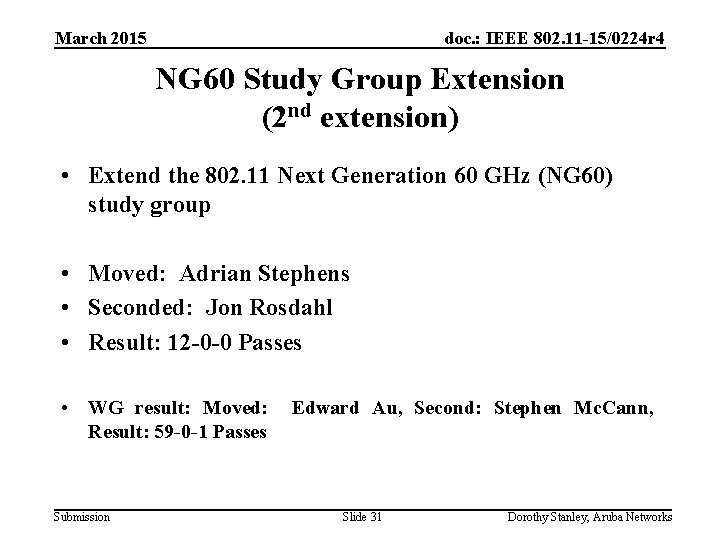 March 2015 doc. : IEEE 802. 11 -15/0224 r 4 NG 60 Study Group