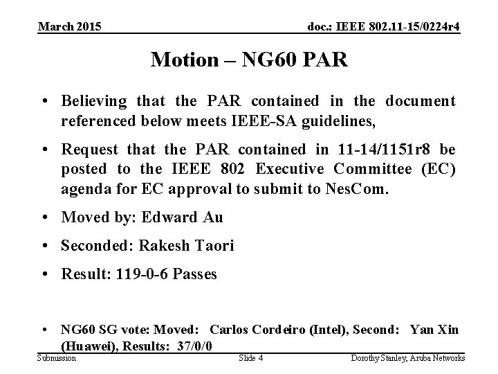 March 2015 doc. : IEEE 802. 11 -15/0224 r 4 Motion – NG 60