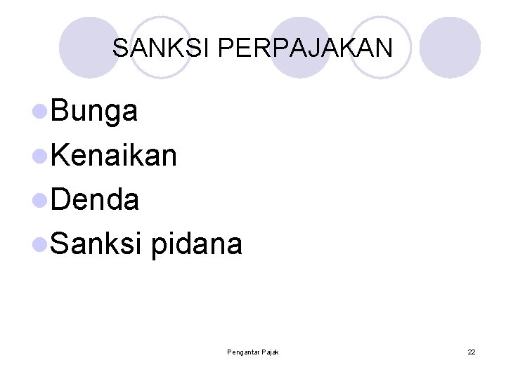 SANKSI PERPAJAKAN l. Bunga l. Kenaikan l. Denda l. Sanksi pidana Pengantar Pajak 22