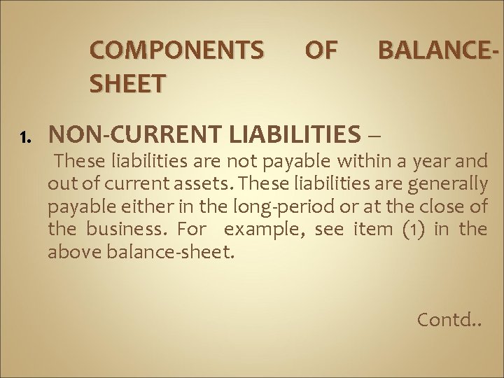 COMPONENTS SHEET 1. OF BALANCE- NON-CURRENT LIABILITIES – These liabilities are not payable within