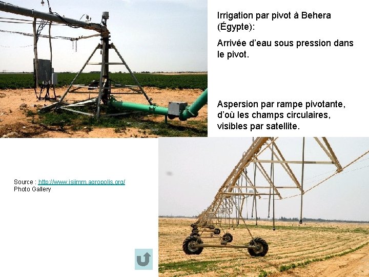 Irrigation par pivot à Behera (Égypte): Arrivée d’eau sous pression dans le pivot. Aspersion