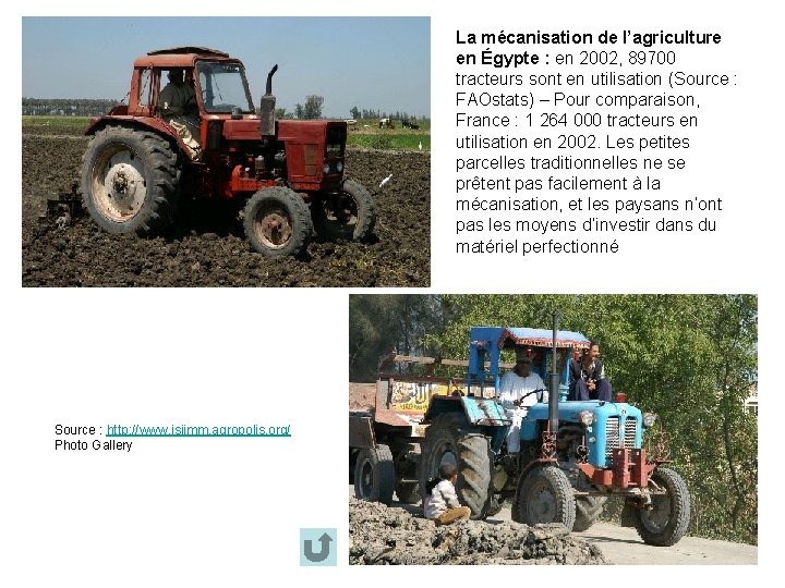 La mécanisation de l’agriculture en Égypte : en 2002, 89700 tracteurs sont en utilisation