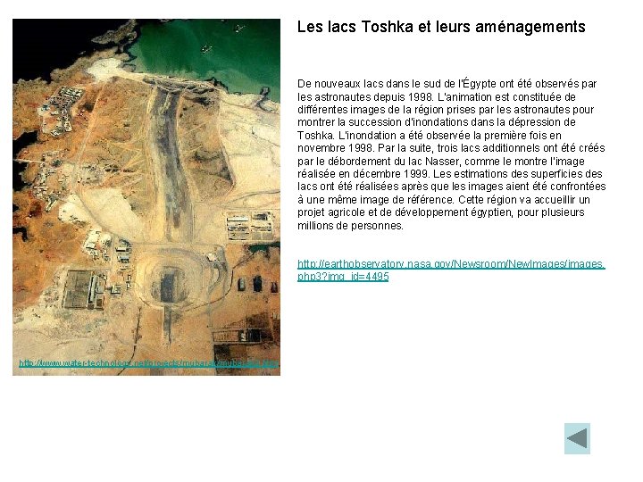 Les lacs Toshka et leurs aménagements De nouveaux lacs dans le sud de l’Égypte