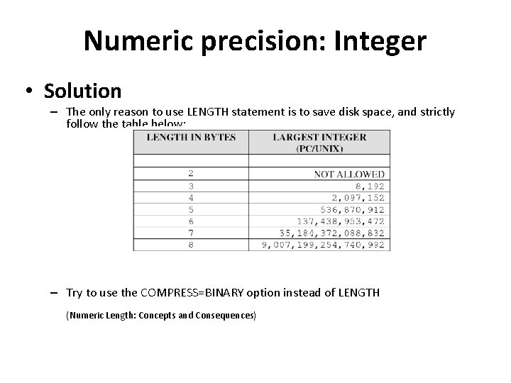 Numeric precision: Integer • Solution – The only reason to use LENGTH statement is