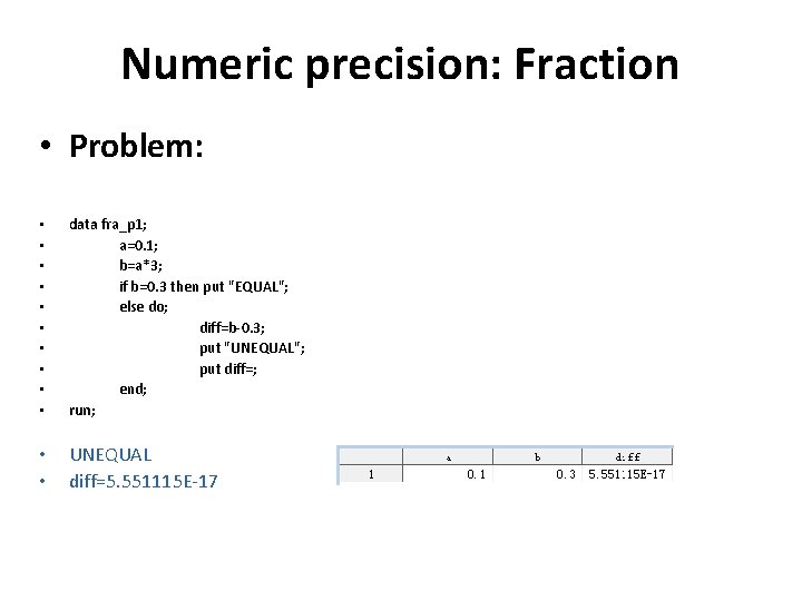 Numeric precision: Fraction • Problem: • • • data fra_p 1; a=0. 1; b=a*3;