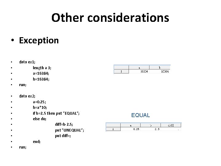 Other considerations • Exception • • • data ex 1; length a 3; a=16384;