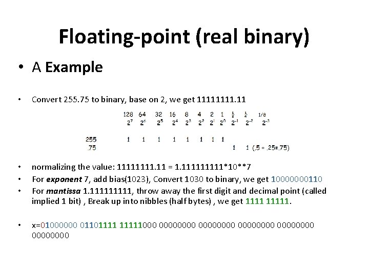 Floating-point (real binary) • A Example • Convert 255. 75 to binary, base on