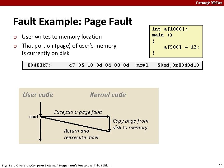 Carnegie Mellon Fault Example: Page Fault ¢ ¢ int a[1000]; main () { a[500]