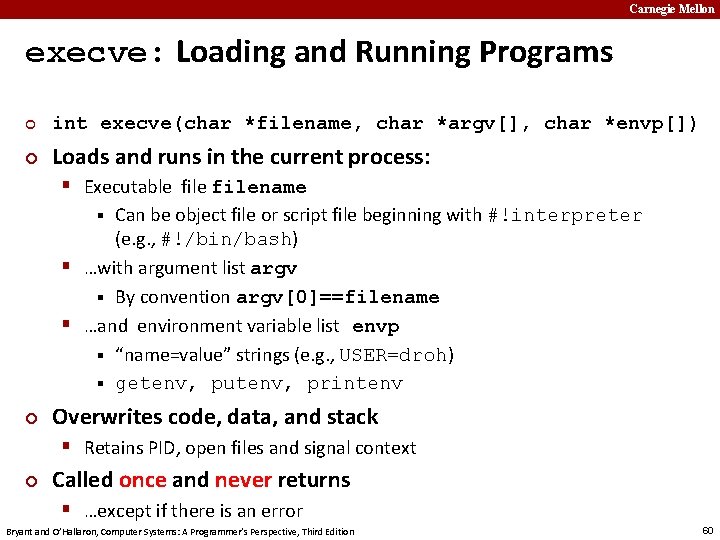 Carnegie Mellon execve: Loading and Running Programs ¢ int execve(char *filename, char *argv[], char