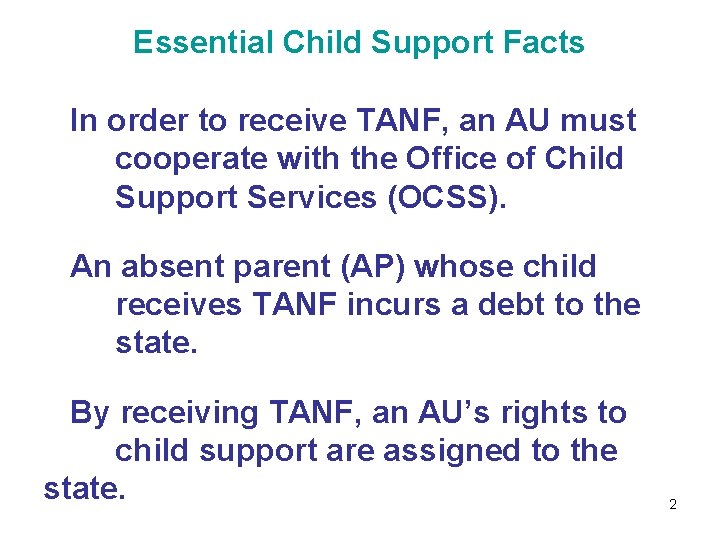 Essential Child Support Facts In order to receive TANF, an AU must cooperate with