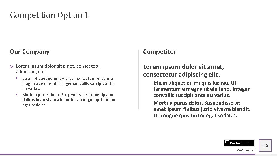 Competition Option 1 Our Company Competitor ○ Lorem ipsum dolor sit amet, consectetur adipiscing