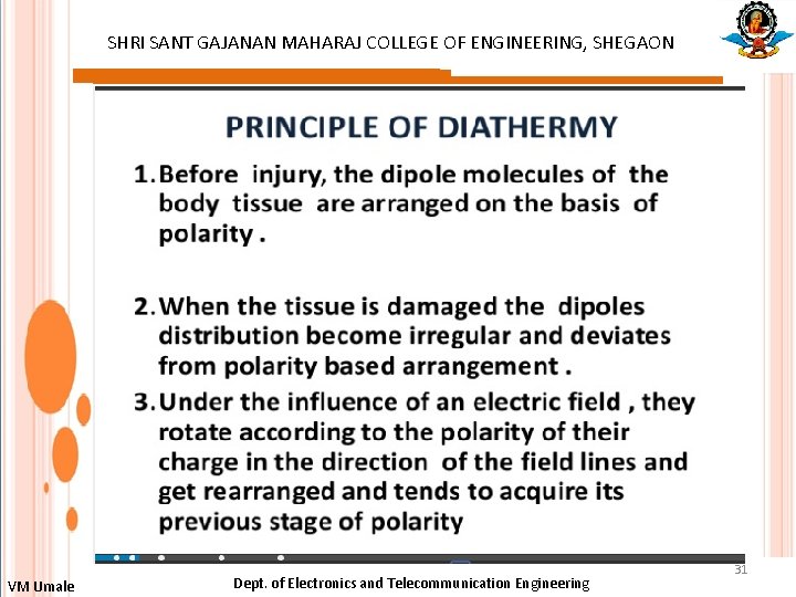 SHRI SANT GAJANAN MAHARAJ COLLEGE OF ENGINEERING, SHEGAON : VM Umale Dept. of Electronics