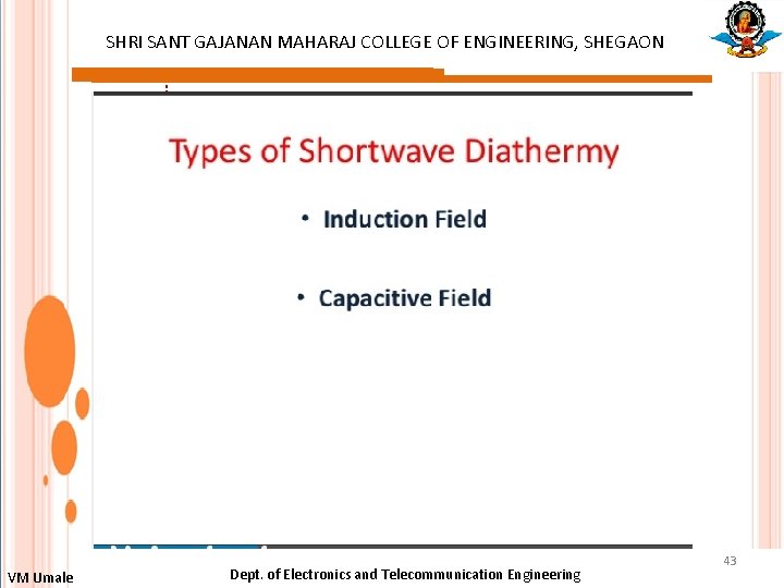 SHRI SANT GAJANAN MAHARAJ COLLEGE OF ENGINEERING, SHEGAON : VM Umale Dept. of Electronics