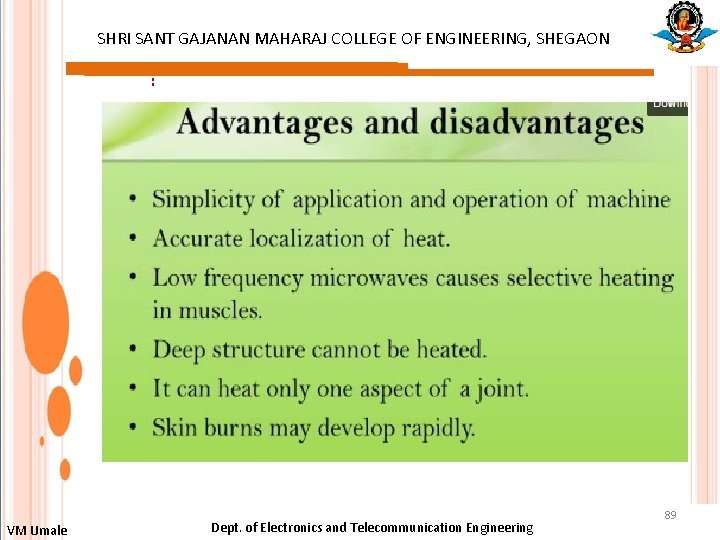 SHRI SANT GAJANAN MAHARAJ COLLEGE OF ENGINEERING, SHEGAON : VM Umale Dept. of Electronics