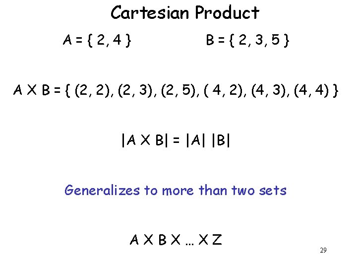 Cartesian Product A = { 2, 4 } B = { 2, 3, 5