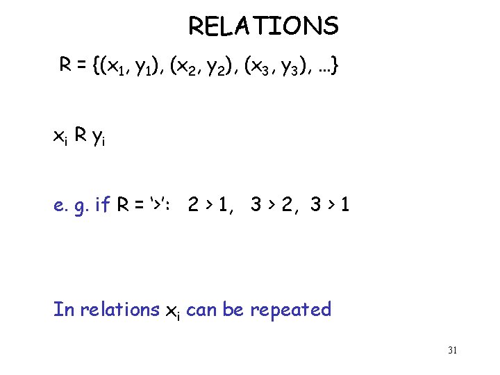 RELATIONS R = {(x 1, y 1), (x 2, y 2), (x 3, y