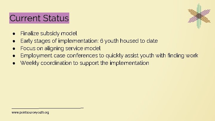 Current Status ● ● ● Finalize subsidy model Early stages of implementation: 6 youth