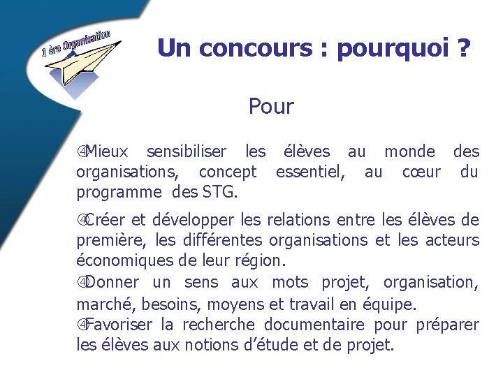 Un concours : pourquoi ? Pour Mieux sensibiliser les élèves au monde des organisations,